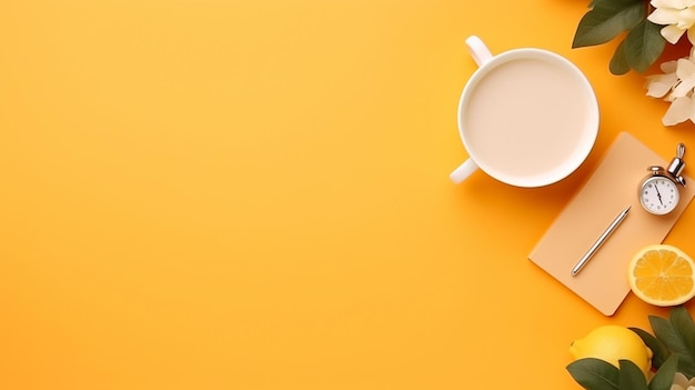 una tazza di caffè si trova su un tavolo con uno sfondo giallo.