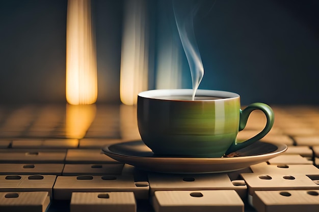 Una tazza di caffè si trova su un tavolo con uno sfondo illuminato.