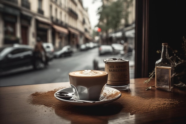 Una tazza di caffè si trova su un tavolo davanti a una finestra con un cartello che dice "tutto apostrofo".