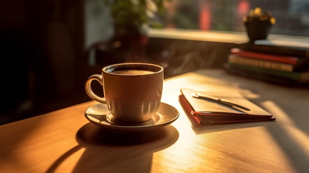 Una tazza di caffè si trova su un tavolo di legno accanto a un taccuino