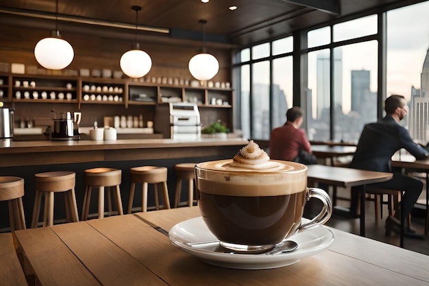 Una tazza di caffè si trova su un tavolo di legno in una caffetteria con un uomo seduto sullo sfondo.