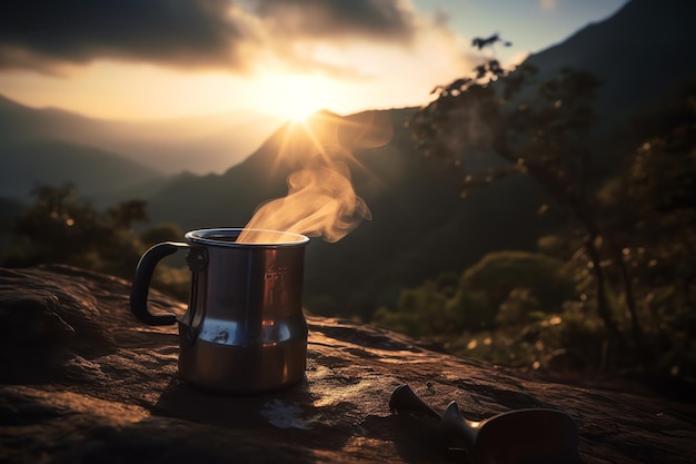 Una tazza di caffè si trova su una roccia in montagna con il sole che splende su di essa.
