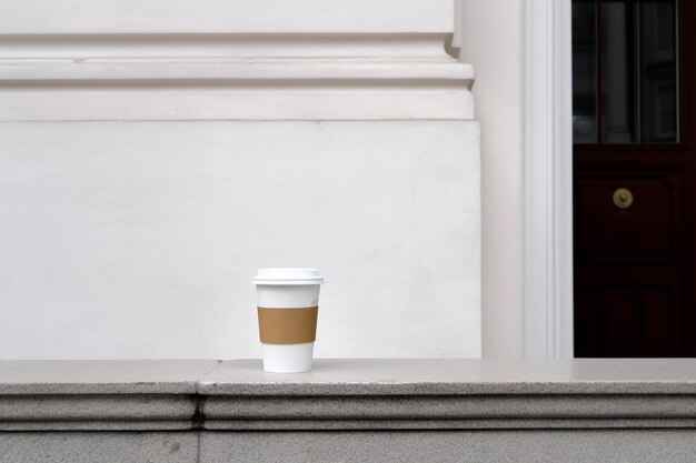 Una tazza di caffè si trova su una sporgenza davanti a una finestra.