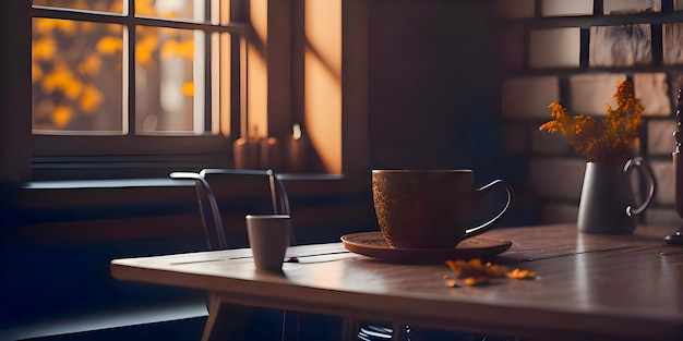 Una tazza di caffè Soft sfocato sfondo della città in autunno Colori caldi atmosfera luminosa