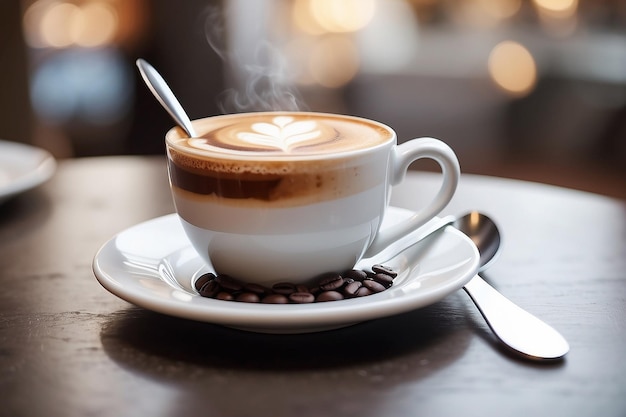 Una tazza di caffè su un piattino con un cucchiaio A Tilt Shift Photo Anamorfico Bokeh Italiano