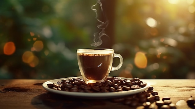 Una tazza di caffè su un piatto con chicchi di caffè Generative AI Art