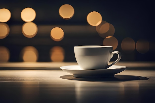 una tazza di caffè su un piatto con una luce sullo sfondo.