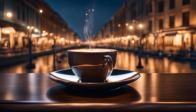 una tazza di caffè su un piatto con uno sfondo sfocato