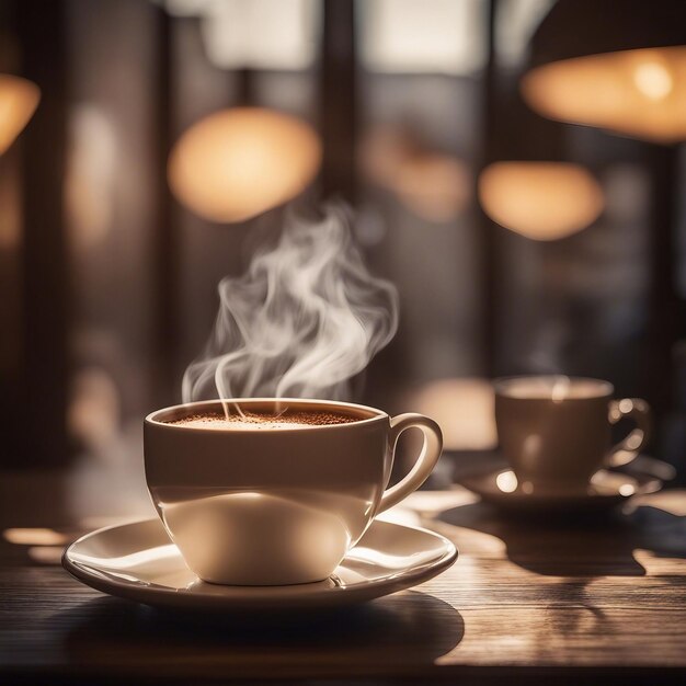 Una tazza di caffè su un rustico tavolo di legno