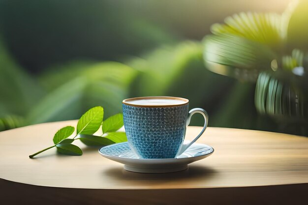 una tazza di caffè su un tavolo con foglie e una pianta sullo sfondo.