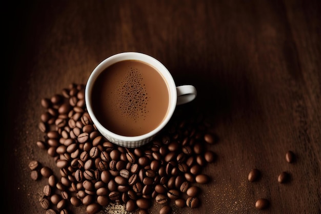 Una tazza di caffè su un tavolo con grani AI generativa