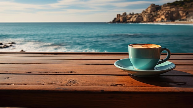 Una tazza di caffè su un tavolo con lo sfondo del mare