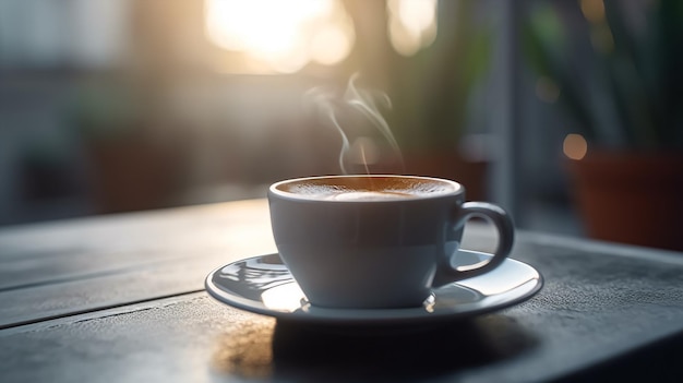 Una tazza di caffè su un tavolo con un tramonto sullo sfondo