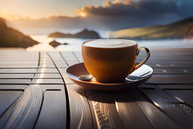 una tazza di caffè su un tavolo con un tramonto sullo sfondo