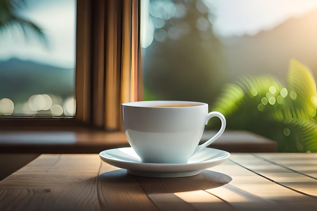 una tazza di caffè su un tavolo con una finestra sullo sfondo.