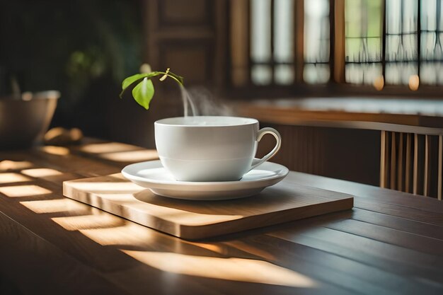 una tazza di caffè su un tavolo con una pianta sullo sfondo