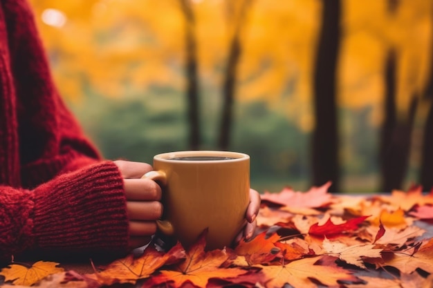 Una tazza di caffè su un tavolo con vista su un panorama autunnale IA generativa