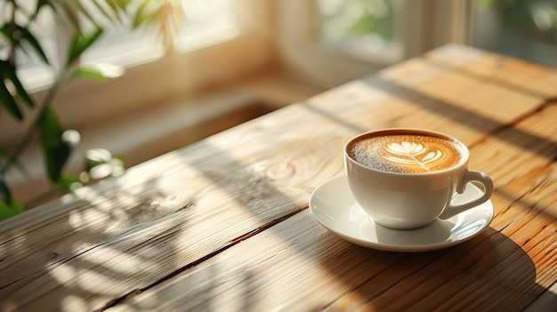 una tazza di caffè su un tavolo di legno accanto alla finestra in stile retro