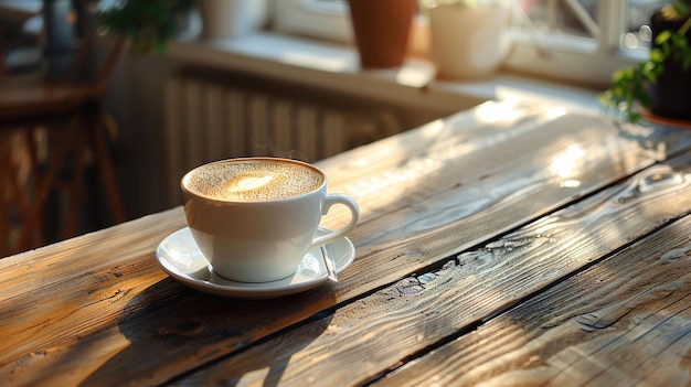 una tazza di caffè su un tavolo di legno accanto alla finestra in stile retro