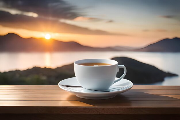 Una tazza di caffè su un tavolo di legno con un tramonto sullo sfondo.