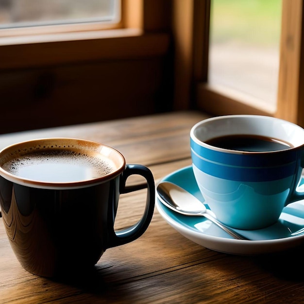 Una tazza di caffè su un tavolo di legno con una finestra