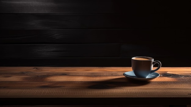 Una tazza di caffè su un tavolo di legno con uno sfondo scuro.