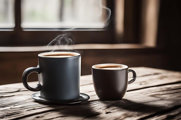 Una tazza di caffè su un tavolo di legno rustico