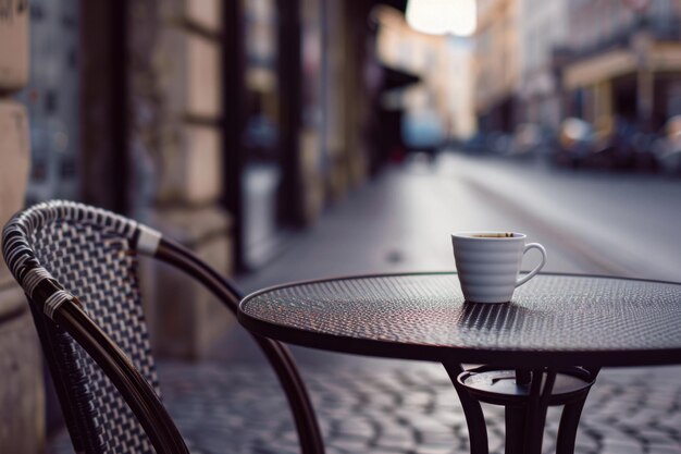 Una tazza di caffè su un tavolo in un caffè di strada