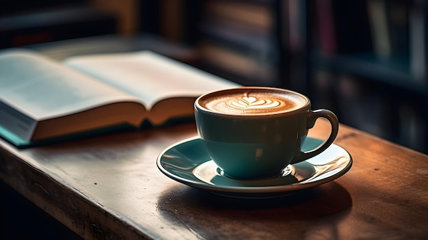 Una tazza di caffè su una scrivania elegante con un libro aperto