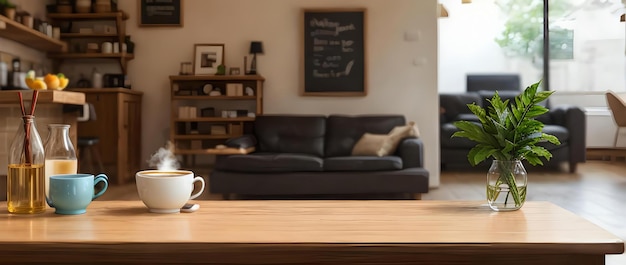 una tazza di caffè sul tavolo del soggiorno con copia spazio ai generato