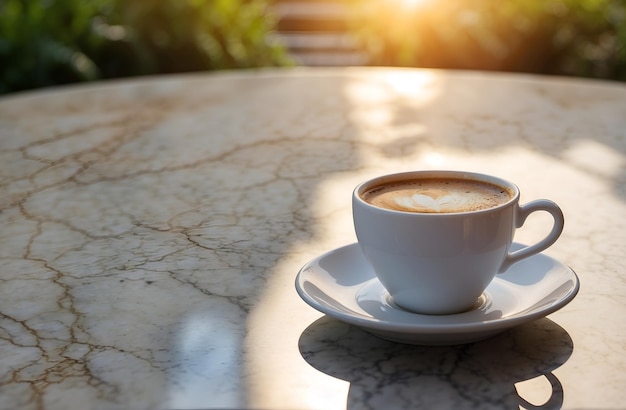 Una tazza di caffè sul tavolo offuscata dalla luce del sole luminosa nel giardino del mattino