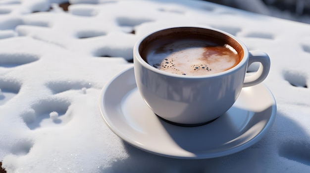 una tazza di caffè sulla neve bianca