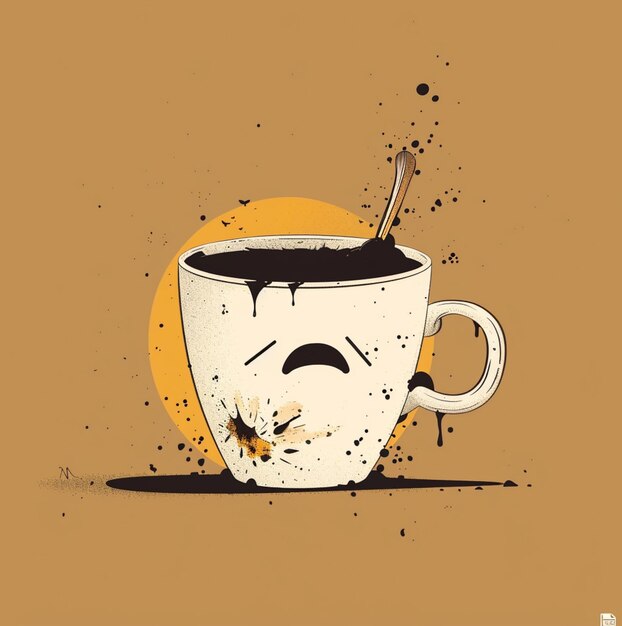 Una tazza di caffè triste piena di caffè nero e cucchiaio