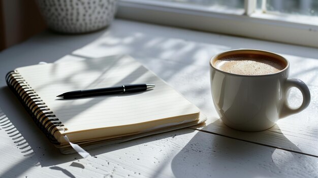 Una tazza di caffè, un quaderno e una penna sul davanzale della finestra.