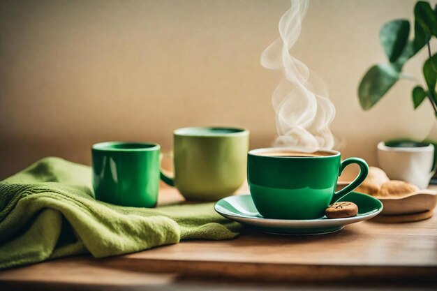 Una tazza di caffè verde su un tavolo beige morbido