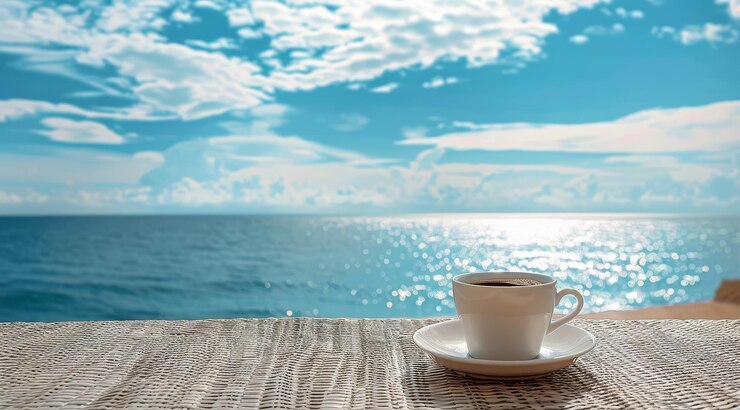Una tazza di caffè vicino all'oceano
