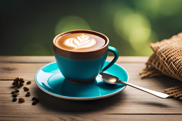 una tazza di cappuccino con un cucchiaio su un piattino.