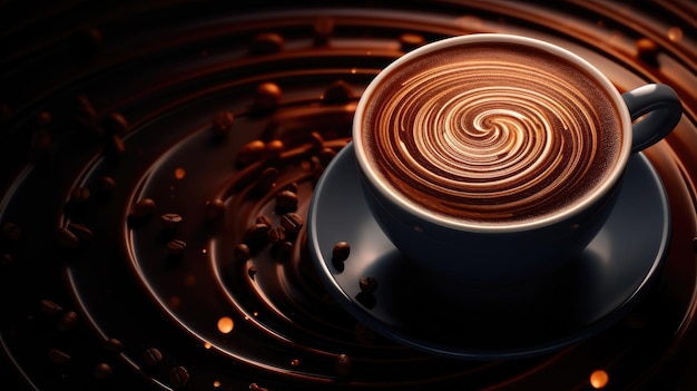 Una tazza di cappuccino con un disegno a spirale su un piatto