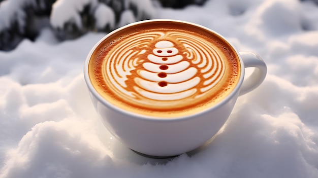 Una tazza di cappuccino con un'immagine di un pupazzo di neve