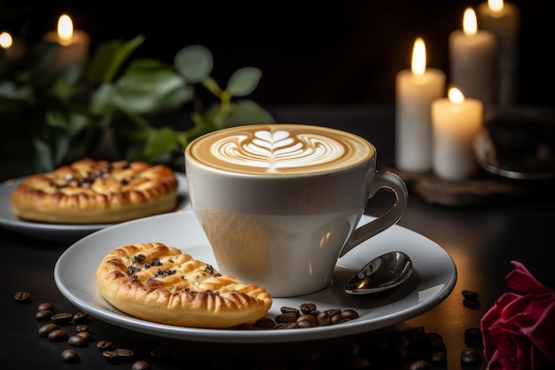 una tazza di cappuccino è appoggiata su un piattino accanto a un dolce