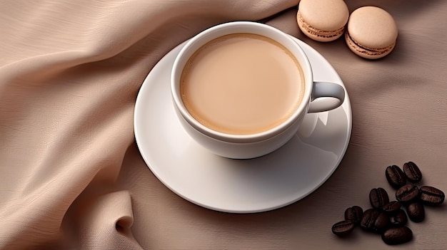 una tazza di cappuccino e biscotti beige ben disposti su un piatto la composizione su una tovaglia in grigio bianco o nero per un'estetica elegante e invitante