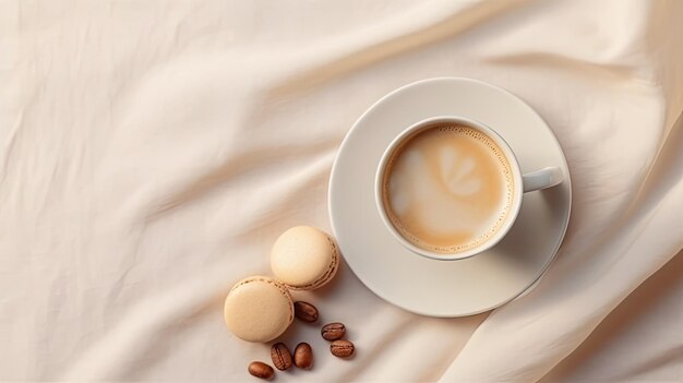 una tazza di cappuccino e biscotti beige ben disposti su un piatto la composizione su una tovaglia in grigio bianco o nero per un'estetica elegante e invitante