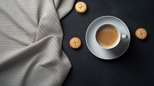 una tazza di cappuccino e biscotti beige ben disposti su un piatto la composizione su una tovaglia in grigio bianco o nero per un'estetica elegante e invitante