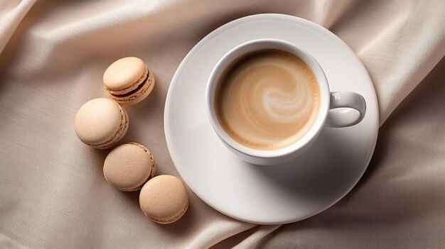 una tazza di cappuccino e biscotti beige ben disposti su un piatto la composizione su una tovaglia in grigio bianco o nero per un'estetica elegante e invitante