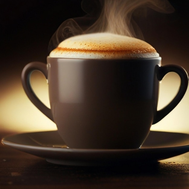 una tazza di cappuccino è su un piatto con una tazzina di caffè