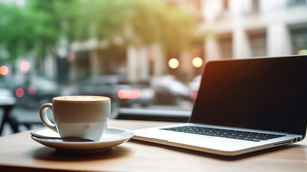 Una tazza di cappuccino e un laptop sul tavolo di un bar Luogo di lavoro in un caffè AI generativa