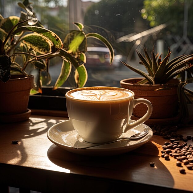 una tazza di cappuccino si siede su un tavolo accanto a una pianta in vaso