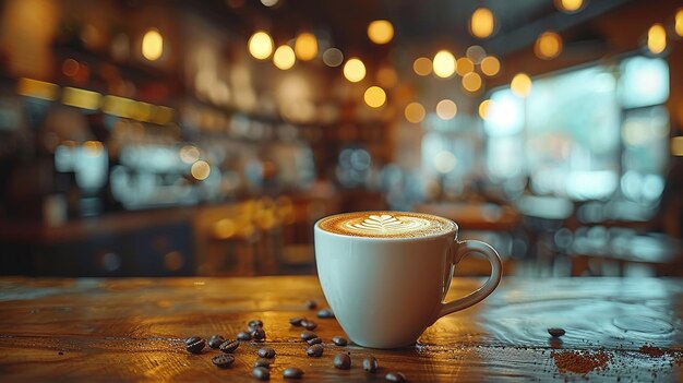 una tazza di cappuccino su un tavolo con i chicchi di caffè