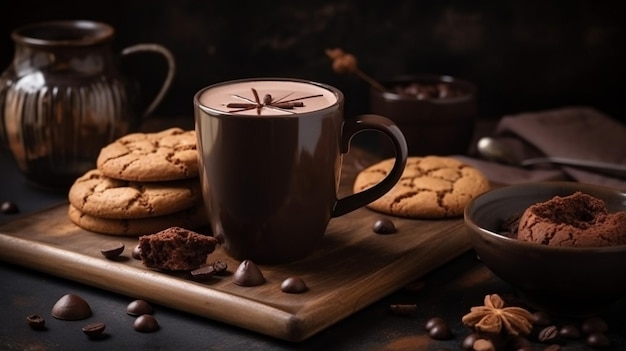 Una tazza di cioccolata calda con cioccolato e biscotti su una tavola di legno