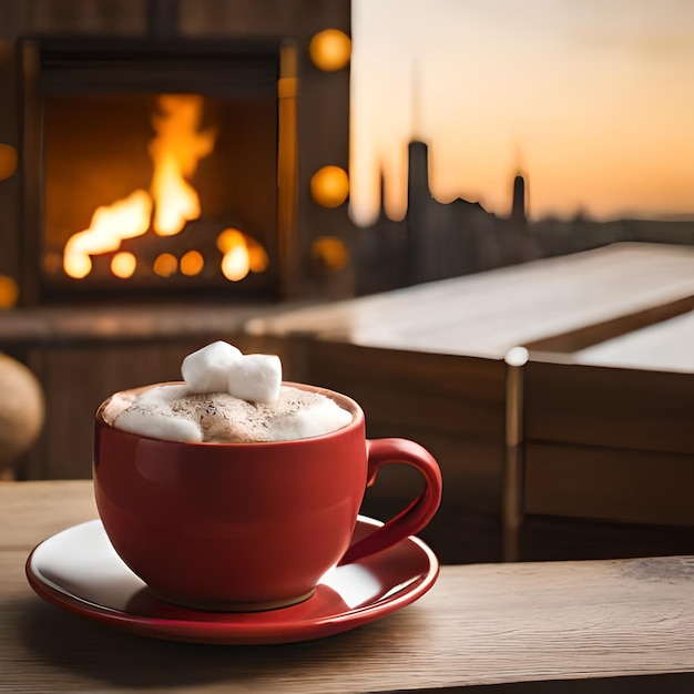 Una tazza di cioccolata calda con marshmallow in cima si trova su un tavolo accanto a un caminetto.